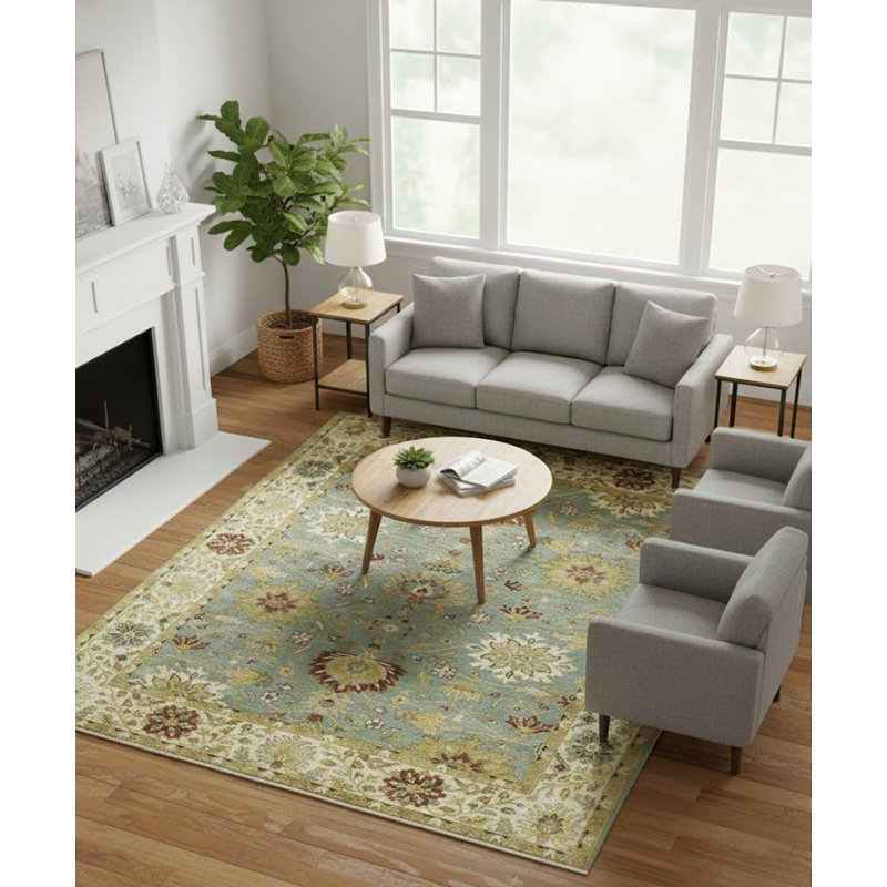 Tapis bleu en laine noué à la main à motif floral 8 pi x 10 pi Jhanet