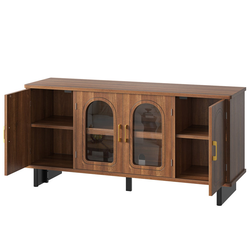 Meuble télé 59 po avec portes en verre arquées, console média pour téléviseurs de 65 po ou moins, armoire de rangement pour le salon et le vestibule
