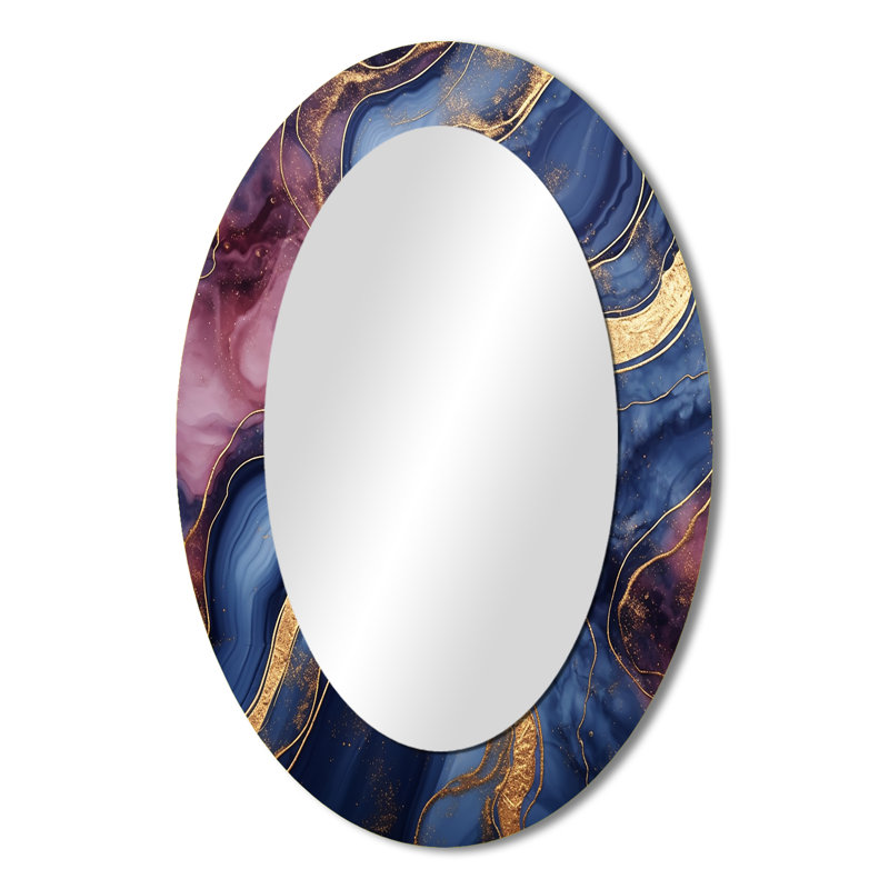 Essence de marbre abstraite bleue et dorée II - Miroir décoratif ovale abstrait sur métal, 36 po x 24 po