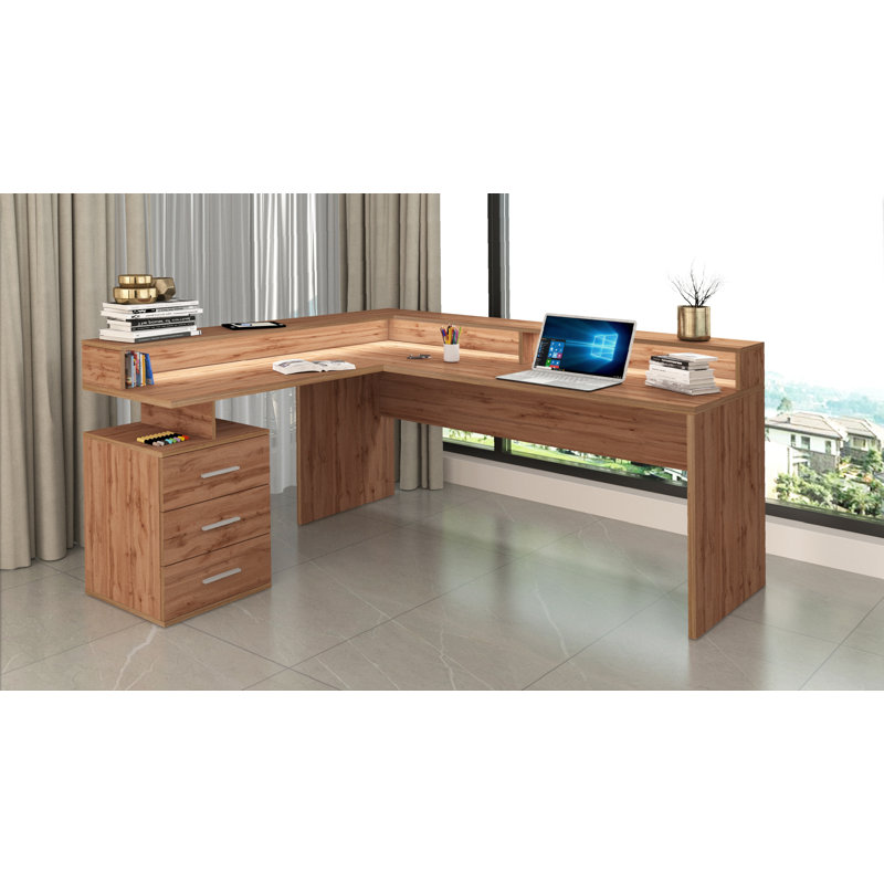 Basim L-Shaped Computer Desk, Brown