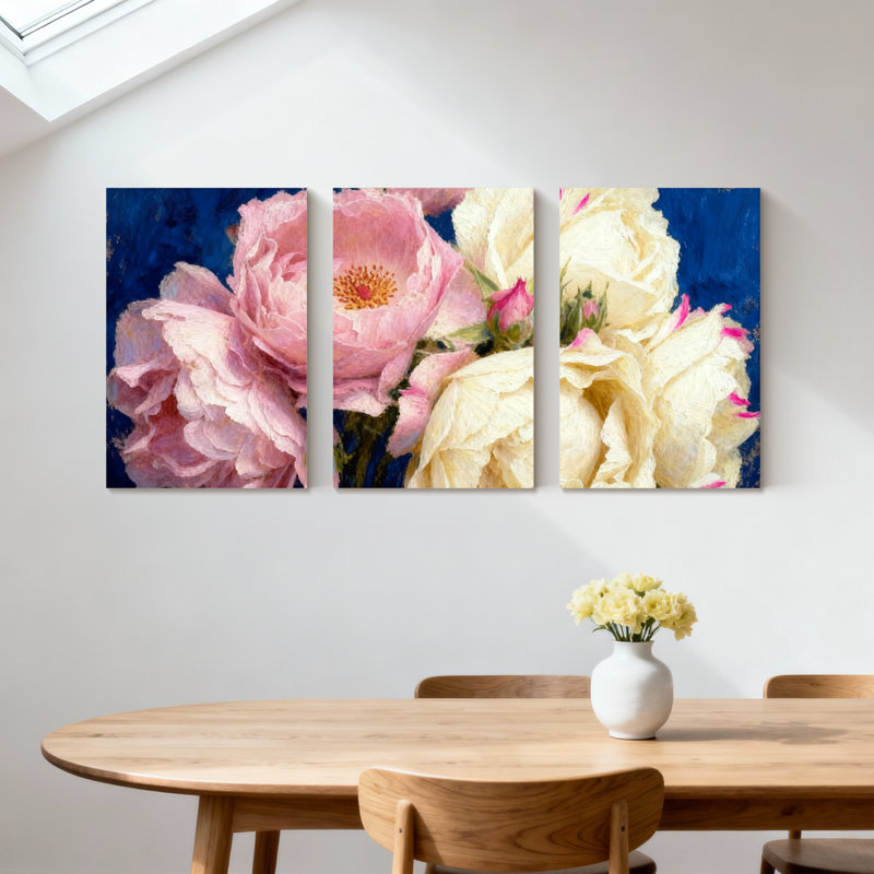 Pivoine roses et blanches sur fond bleu, ensemble de 3 impressions sur toile, H 36 po x l 72 po