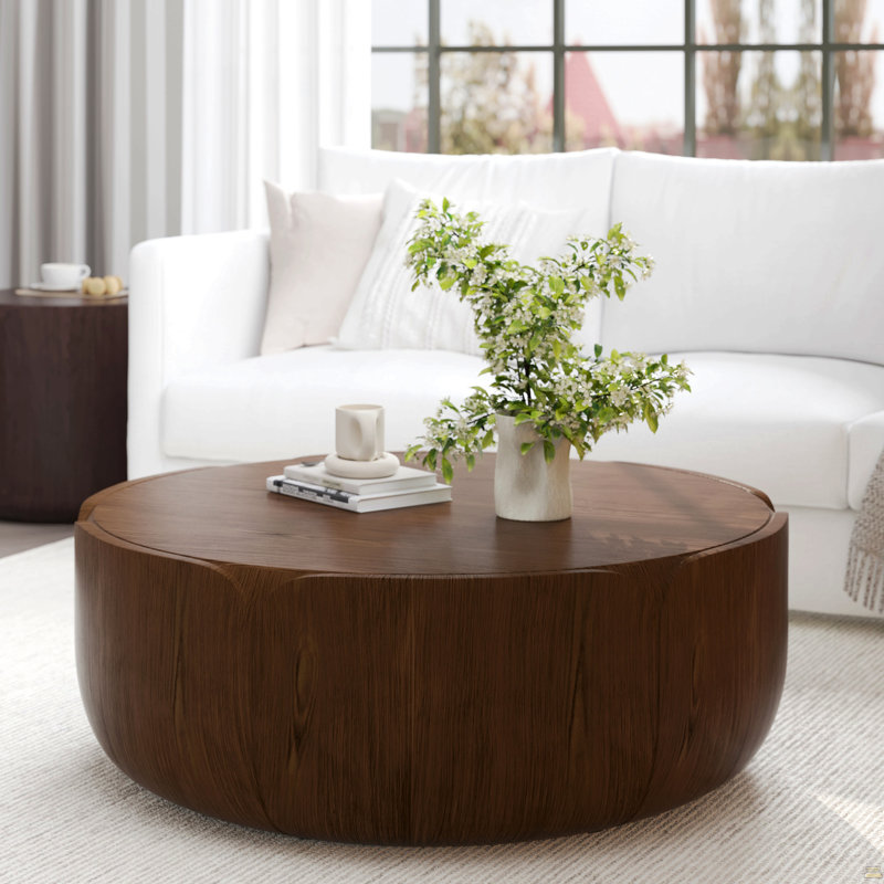 Table basse d'intérieur ronde 35,63 ", table basse centrale à grain de bois moderne, robuste MGO (oxyde de magnésium) imperméable, table sans assemblage