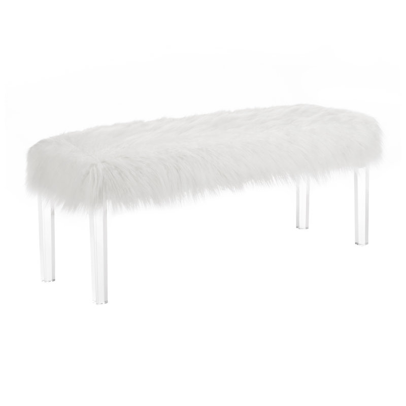 Banc 48 po en fausse fourrure blanche avec pieds en acrylique transparent, meuble-lavabo moderne ou siège de vestibule