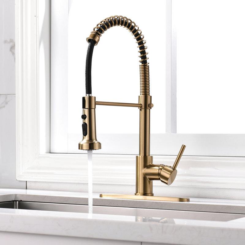 Robinet de cuisine en or brossé avec douchette extractible, empreinte digitale, poignée simple, robinet contemporain à cartouche en céramique, facile à installer, pivotant sur 360 degrés