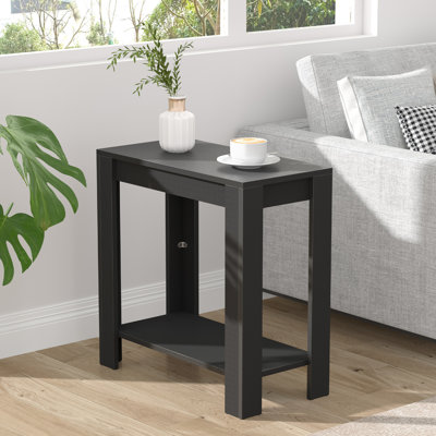 60Cm Black Side Table Narrow End Table 100% MDF Coffee Tea Table With Storage Shelf