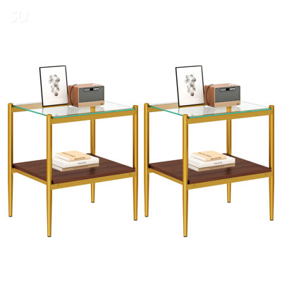 Set Of 2 Modern Rectangle End Tables With Tempered Glass Top And MDF Layer For Living Room by Mercer41
