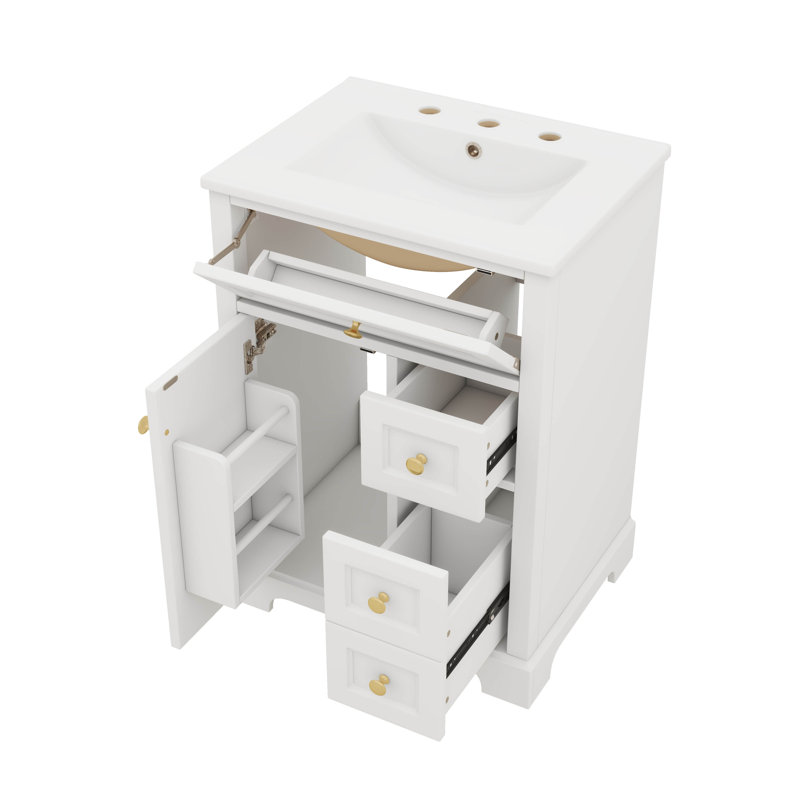 Meuble-lavabo de 24 po avec lavabo, armoire à 3 tiroirs et support de rangement à deux niveaux, Blanc
