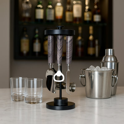 Decorative Bar Tool Set with Stand for Home Decor - Elegant Cocktail Bar Accessories for Dining Room or Kitchen Counter - Set of 5, 13" - Black