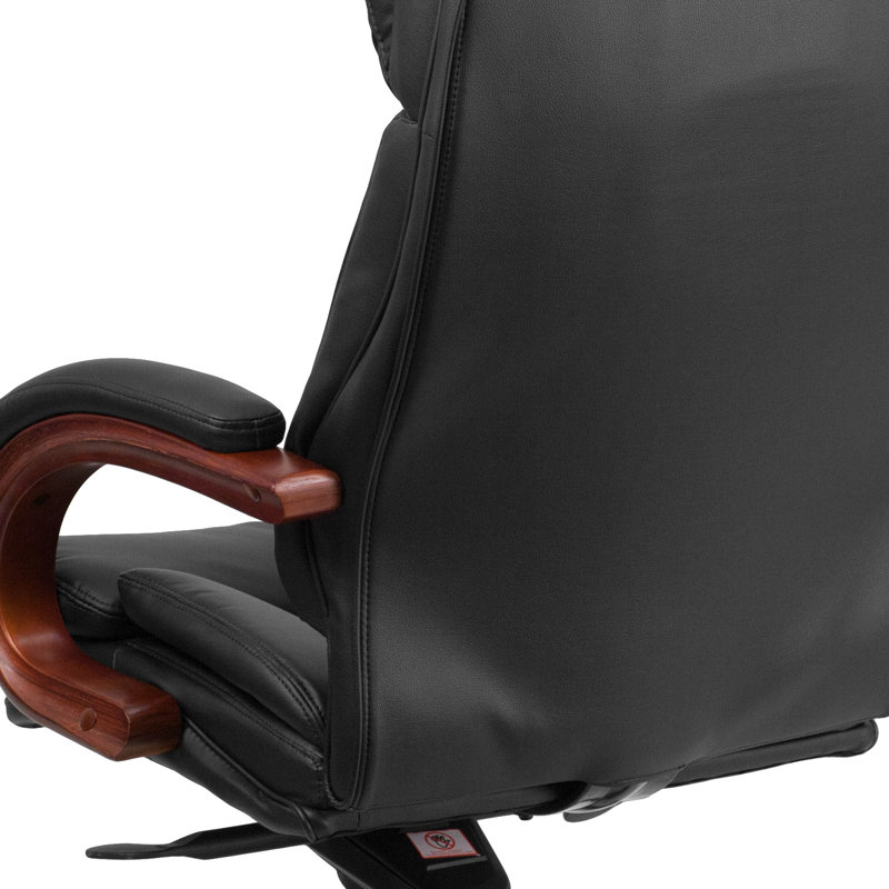 High Back Black Leather Executive Swivel Office Chair with Mahogany Wood Base