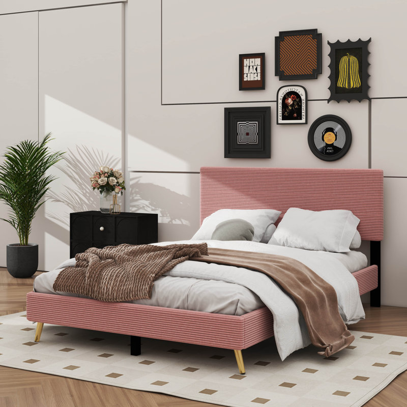 Élégante base de lit tapissier en velours côtelé, Rose