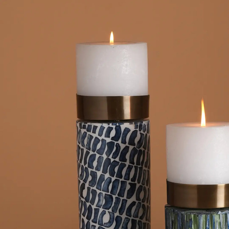 India. Curated. Elegant Handcrafted Candle Stand: Blue Bone with White Resin Inlay and Brass Top