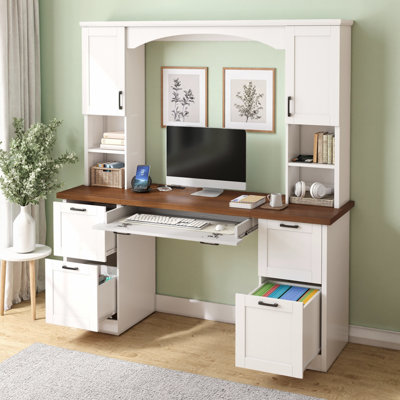Farmhouse Arched Computer Desk with Hutch, Mid-Century Walnut Home Office Workstation, Built-In Charging Station, Keyboard Tray, File Drawer, All-in-One Writing Desk for Study, Office