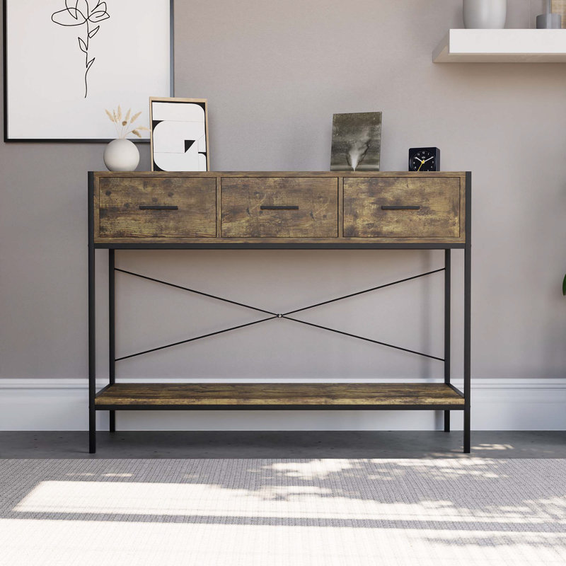 Sylvie 3 Drawer Console Table for Hallway, Industrial Style Living Room Furniture With Metal Legs, Dark Wood, Dark Wood/Black