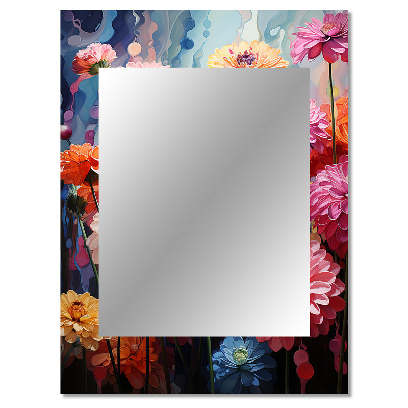 Champ de Zinnias aux tons doux - miroir décoratif Zinnias, miroir mural traditionnel, impression d'art en métal
