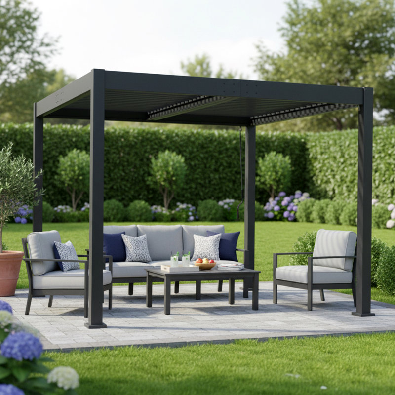 Pergola extérieure en aluminium noir avec toit à lames orientables