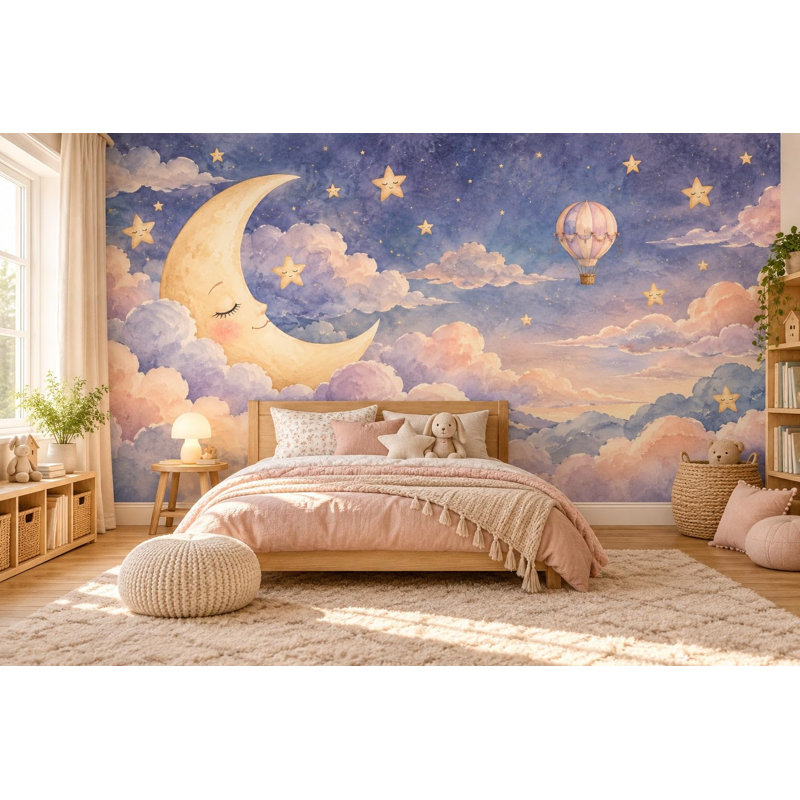 Twilight Moon Wallpaper Mural, Peel and Stick Kids Room Wall Mural, Watercolor Hot Air Balloon Nursery Wallpaper