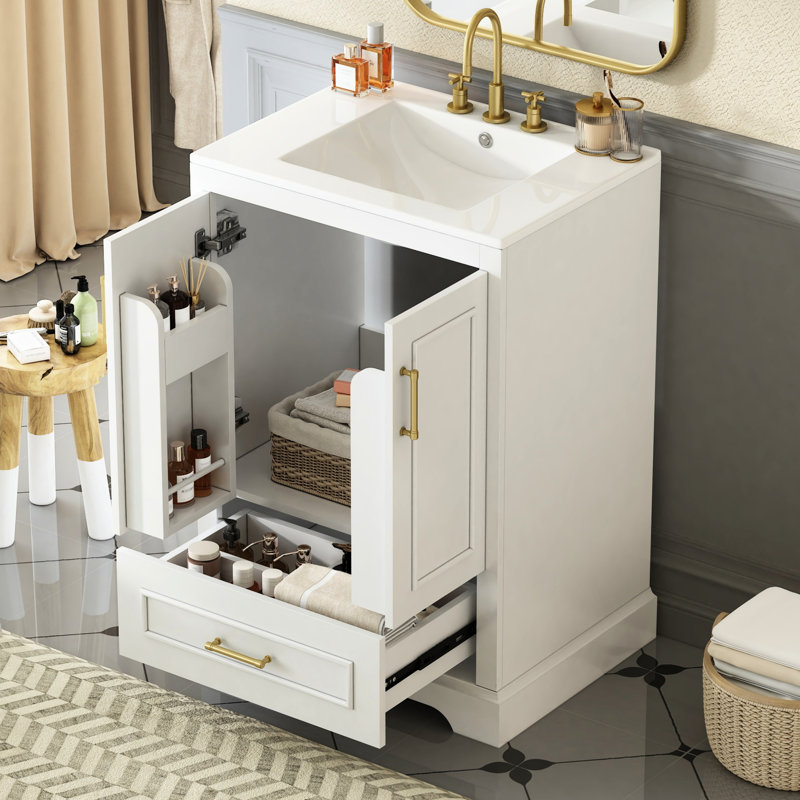 Meuble-lavabo de 24 pouces avec lavabo en céramique facile, pied en bois massif et tiroir à fermeture en douceur pour une structure confortable, hygiénique et silencieuse.