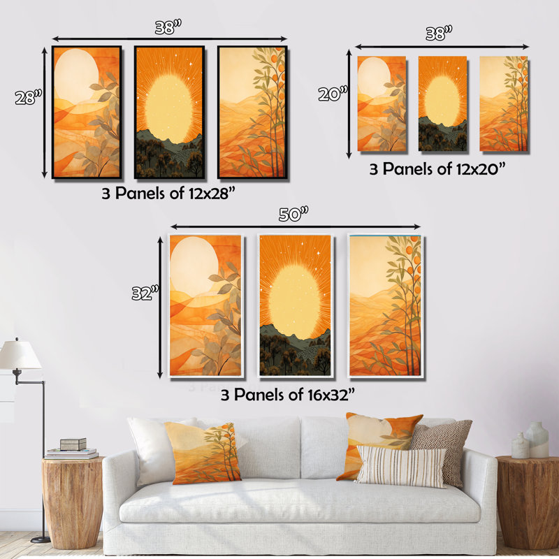 «Golden Sunset Glow Over Orange Meadows Peinture» - 3 pièces sur, Toile tendue, H 36 po x l 20 po