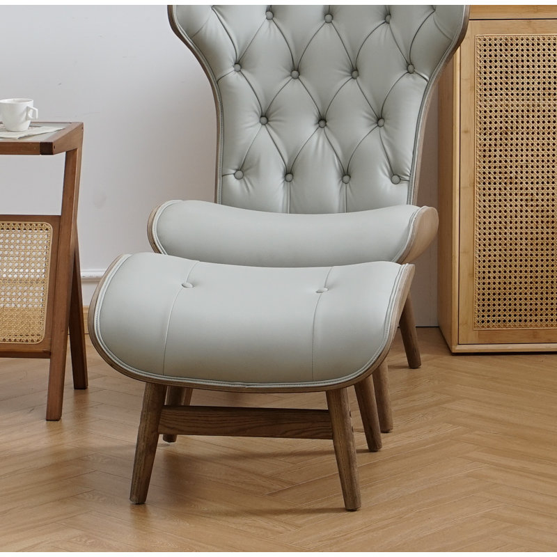 Fauteuil à oreilles et repose-pieds Jeyshan, Similicuir gris
