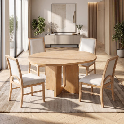 Ensemble de salle à manger 5 pièces rond à ovale, panneau de fibres à densité moyenne et table à rallonge en bois d'hévéa avec rallonge amovible de 16 pouces et 4 chaises de salle à manger rembourrées