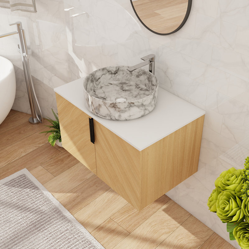 30'' Single Floating Bathroom Vanity With Ceramic Art Sink, Wall Mounted Bathroom Vanity With 2 Soft Close Doors, White/Gray
