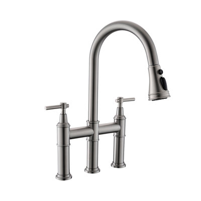 3 Hole Brushed Nickel Bridge Kitchen Faucet With Pull Down Sprayer,2 Handle Faucet For Kitchen Sinks Pull Out Sprayer Kitchen Sink Faucet
