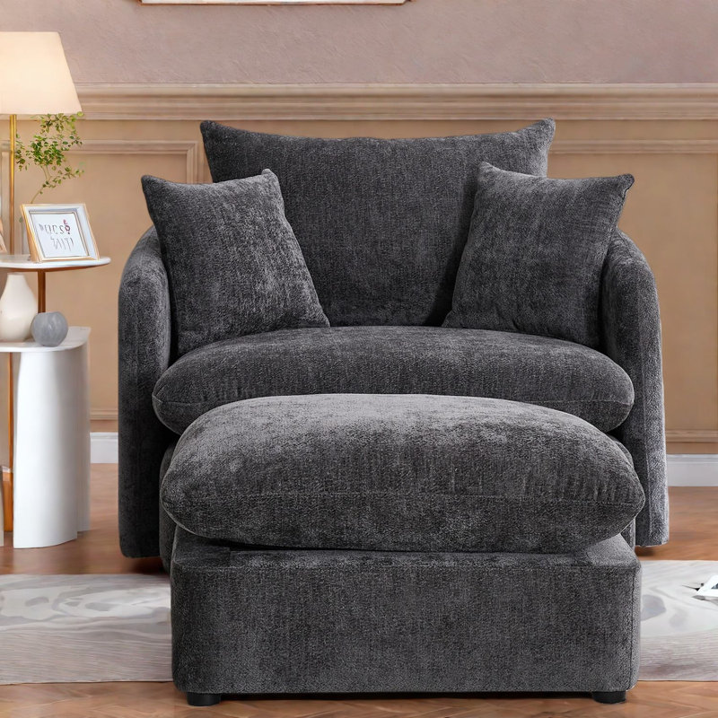 Grand fauteuil pivotant avec repose-pieds, tissu chenille, salon moderne