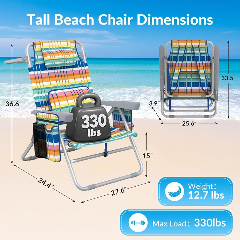 Chaise de plage portative 15 po de hauteur avec sangles de sac à dos, 5 positions réglables, chaise pliante d'extérieur