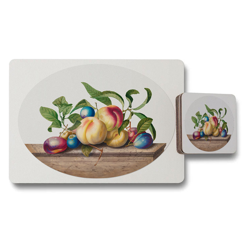 Fruit Still Life Placemat And Coaster Set With Peach And Plum Design