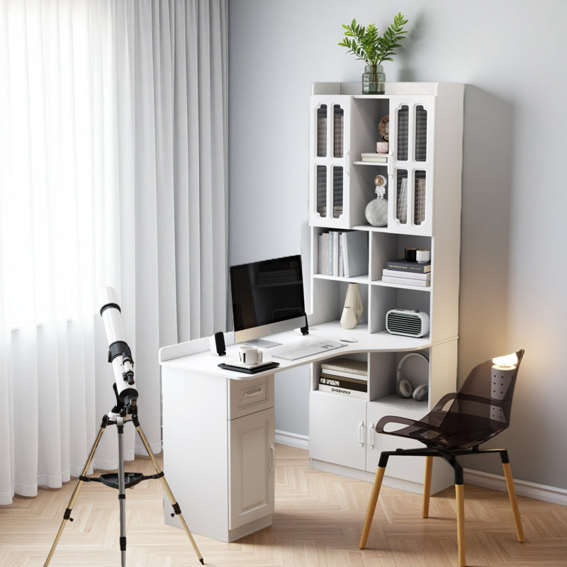 Bureau d'ordinateur d'angle en L pour bureau à domicile ou bureau d'étude, table d'étude de style moderne avec tiroirs, bibliothèque et huche, conception en L 2 en 1