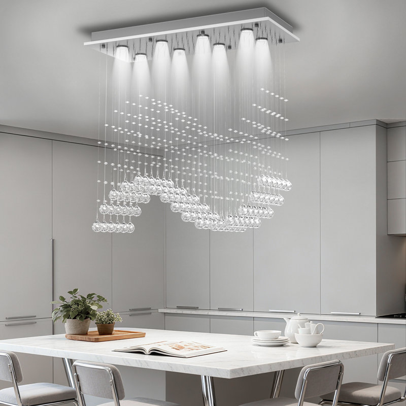 Lustre en cristal 8 lumières Herrin avec prismes K9 et finition nickel, lampe de salle à manger linéaire de 78 pouces