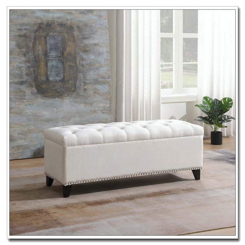 Banc de rangement en lin capitonné, Beige