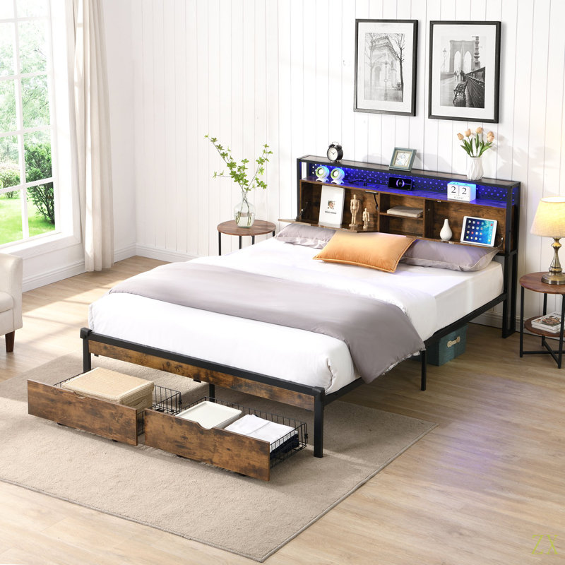 Structure de lit plateforme grand lit en métal avec tête de lit en bois et pied de lit USB, station de charge, 2 tiroirs, rangement, lumières DEL, aucun sommier requis, assemblage facile