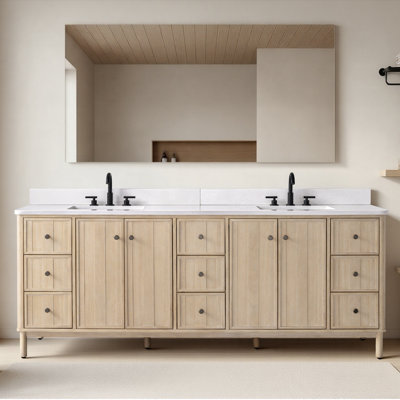 Lugano 84" Double Sink Freestanding Bathroom Vanity with Engineered Stone Top, Hidden Power Station, USB Charging Shelf & Hair Dryer Holder 
