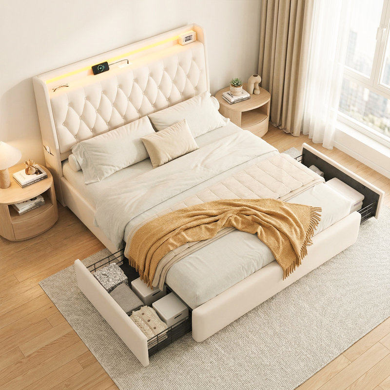 Grand lit tapissier beige avec tête de lit capitonnée, 2 tiroirs de rangement et lumières DEL, Grand lit, Beige