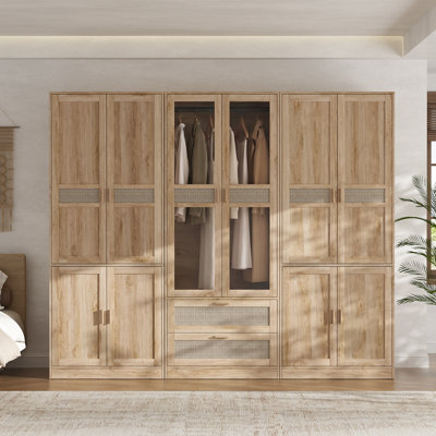 79.1" H x 94.5" W Farmhouse 3-Unit Large Wardrobe Armoire with Rattan Accents, Glass Doors and Drawers