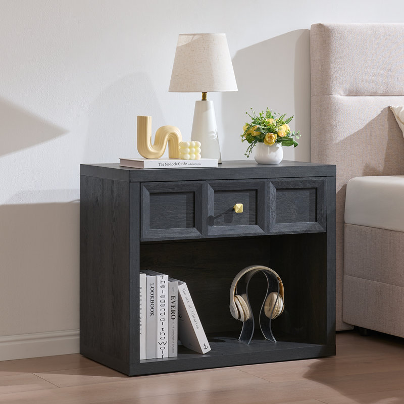 30.7inch Farmhouse 1 Drawer Nightstand And 1 Open Storage Cabinet, Black - 2PCS, Black, Set of 2