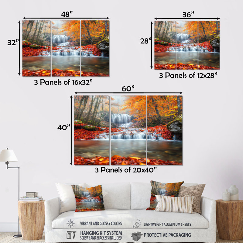 «Yellow Autumn Mountain Waterfall Long View - Waterfall», ensemble d'art mural, Métal métal, H 28 po x l 36 po x P 1 po