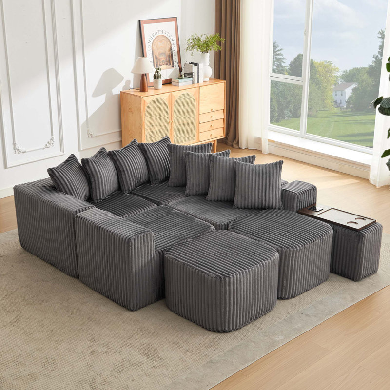 Canapé en U de 137,5 po, charge USB et sans fil, table basse avec porte-gobelet, canapé modulaire surdimensionné et mobile, tabouret de pieds mobile, sans assemblage, 6 sièges, velours côtelé