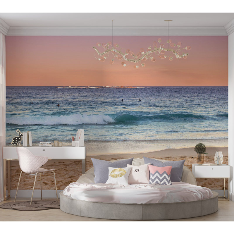 Murale pelez et collez de qualité supérieure - Surfeurs au coucher du soleil sur la plage, L 120 po x l 180 po