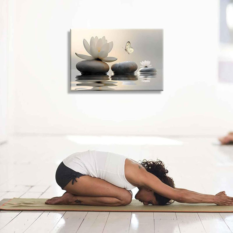 Zen White Lotus Canvas Wall Art White Flower Butterfly On Lake Wall Decor Pictures Meditation Posters Prints For Bathroom Living Room Modern Spiritual Yoga Spa Bedroom Decoration