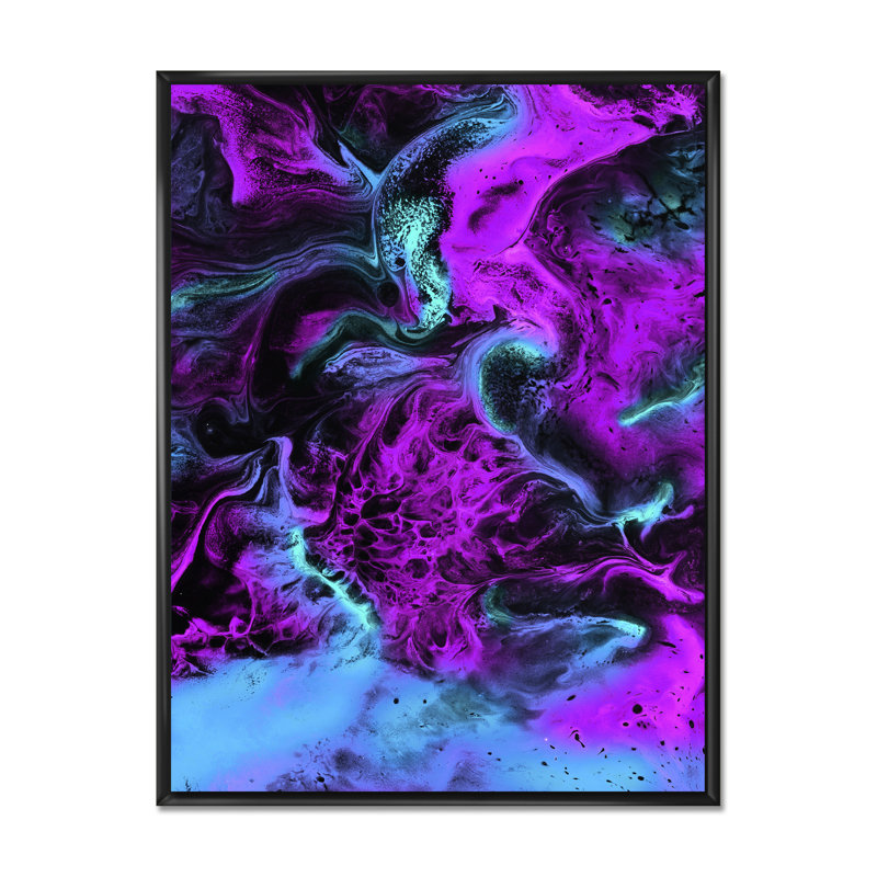 Neon rose, bleu et vert, paysage liquide - peinture sur toile, H 44 po x l 34 po, Cadre flottant noir