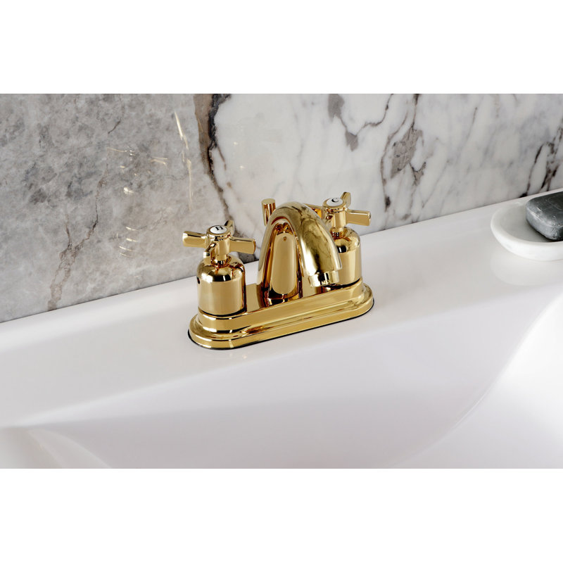 Kingston Brass Millennium Two-Handle 3-Hole Deck Mount 4" Centerset Bathroom Faucet with Plastic Pop-Up, Polished Brass