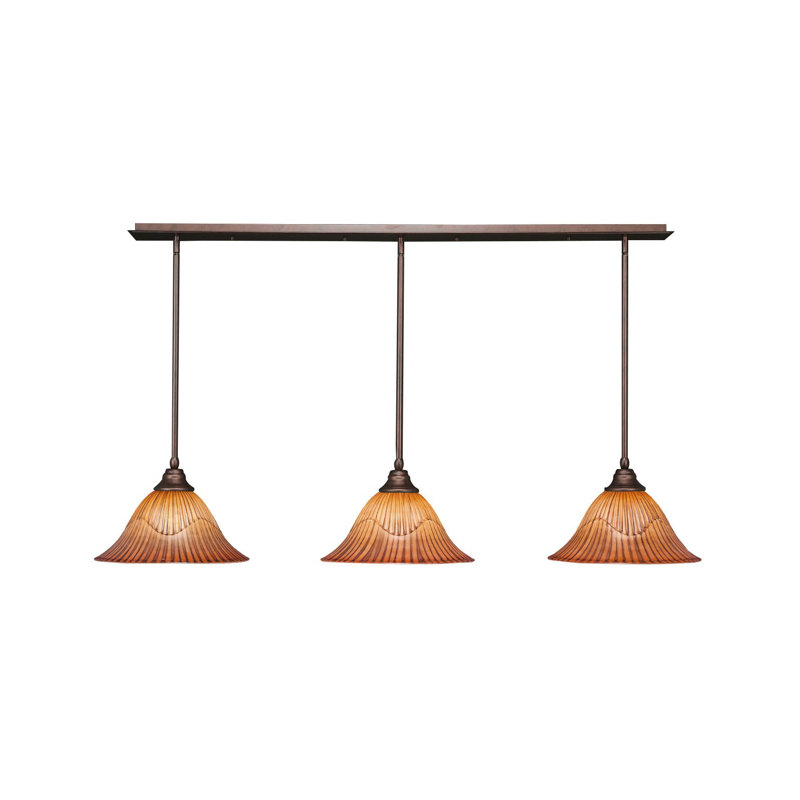 Luminaire suspendu linéaire à 3 tiges Barrick avec verre tigre de 14 po, Bronze
