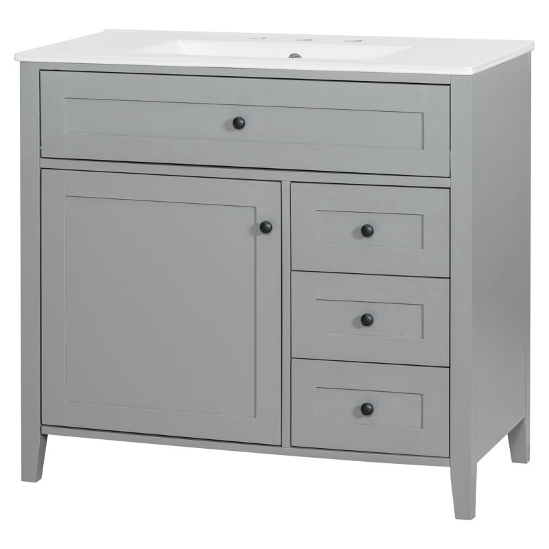 Meuble-lavabo simple autoportant gris avec lavabo et rangement en céramique, Grey