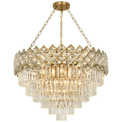 15-Light Adjustable Crystal Chandelier, Copper Finish – 3-Colour Switchable, 22.8"-59.2" Height, Sloped-Ceiling Ready