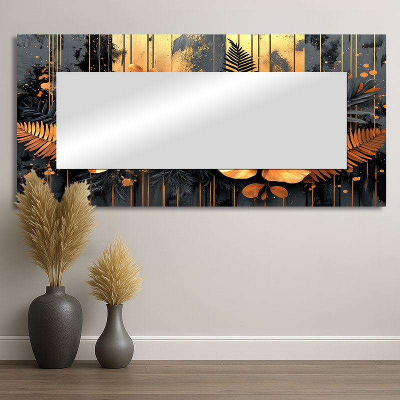 Modern Golden Ferns Into The Forest II - Floral Mirror Wall Art - Printed On Metal, 28" x 60"