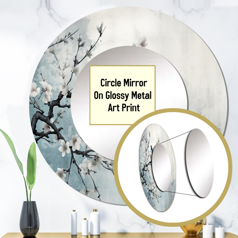 Asian Art Sumi Bird Serenity XII - Asian Art Large Wall Mirror, Global Round Unique Mirror, Printed Metal Art, 29" x 29"