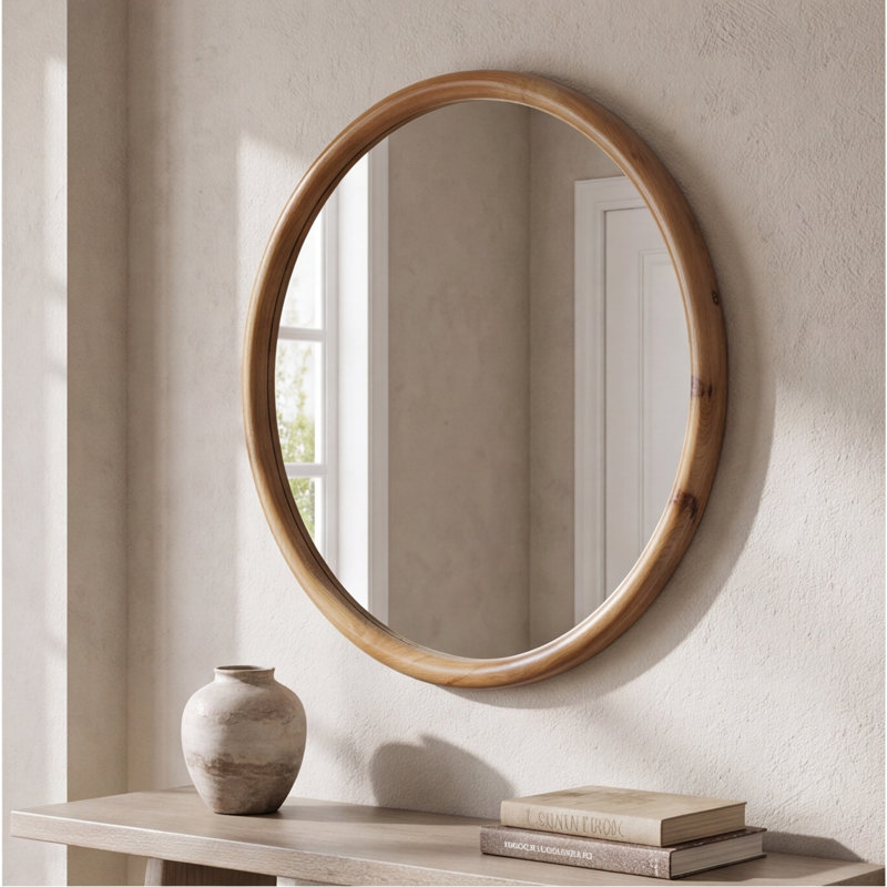 Miroir mural rond en bois naturel de 35,4 pouces, miroir Mid-Century moderne pour salle de bain, chambre à coucher et entrée