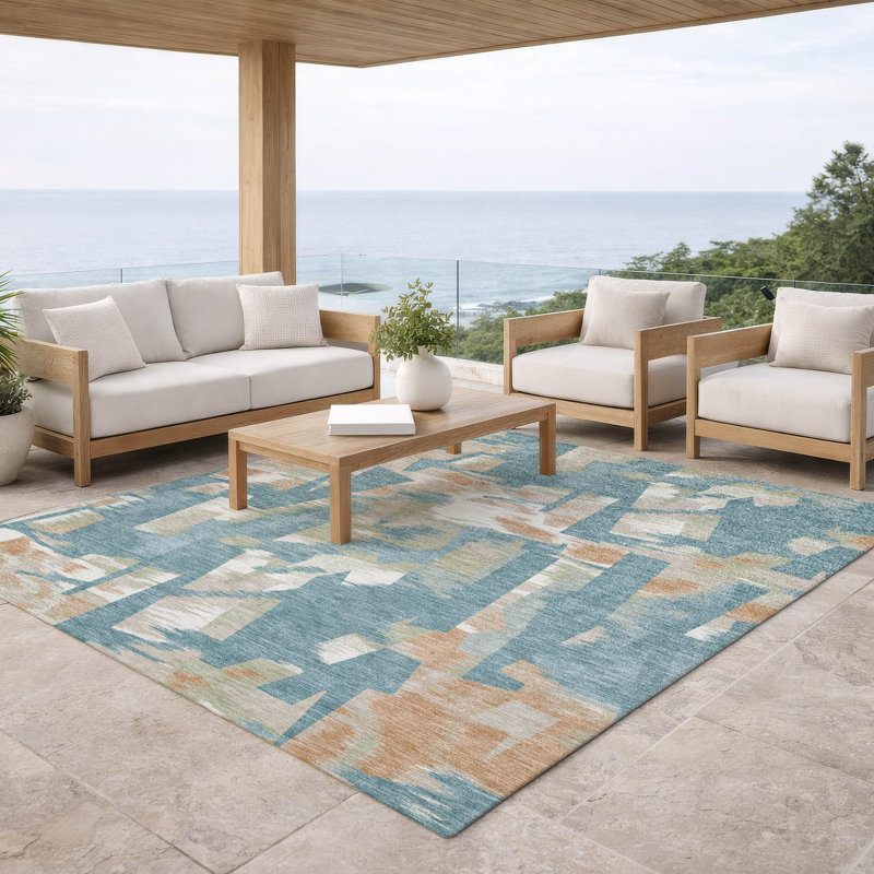 Tapis moderne lavable à la machine intérieur / extérieur ACN2837, Sarcelle, 5 pi x 7 pi 6 po